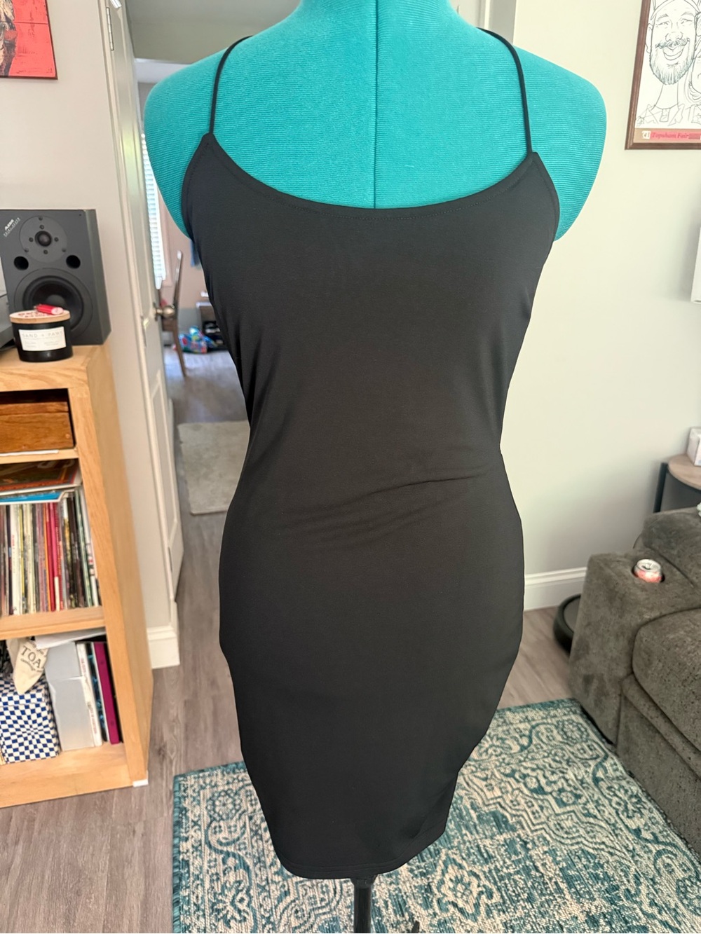 Sleek Black Spaghetti-Strap Mini Dress Open Back Cross Cross LBD